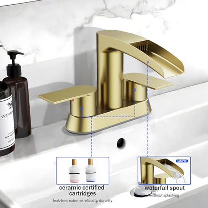 Bathroom Sink Faucet for 3 Hole, Hurran 4 Inch Faucets with Pop-up Drain, Stainless Steel 2-Handle Waterfall Faucet for Bathroom Sink, Brushed Gold - color: Brushed Gold