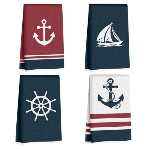 Nautical Hand Kitchen Towels, Nautical Bathroom Decor Gifts for Women | Gifts for Boat Owner, Coastal Kitchen Towels, Coastal Bathroom Decor, for Christmas Party Birthday Decor, Set of 4 - color: Maritime Anchor Pattern