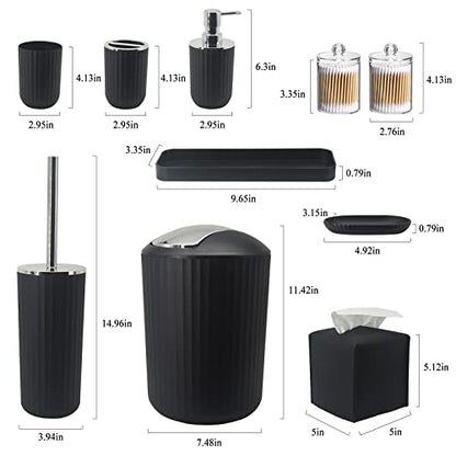 Bathroom Accessory Set, 10 Piece Black Bathroom Set Complete | Includes Trash Can, Soap Dispenser, Toothbrush Holder, Soap Holder, Tumbler, Toilet Brush, Tray, Qtip Holders, Tissue Cover - color: Black