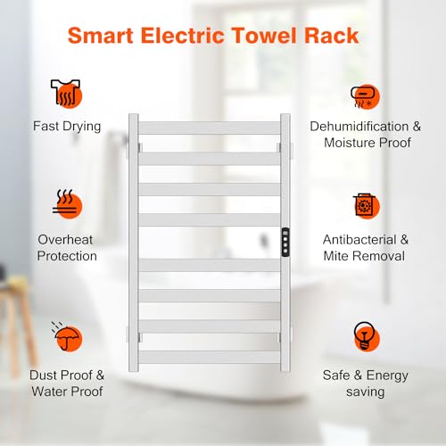 Towel Warmer, Towel Heater Rack for Bathroom, 8-bar Electric Towel Dryer Wall-Mounted Plug-in Bath Heater, 304 Stainless Steel Hot Towel Rack with Timer and Smart Temperature Control - color: Mirror Polished