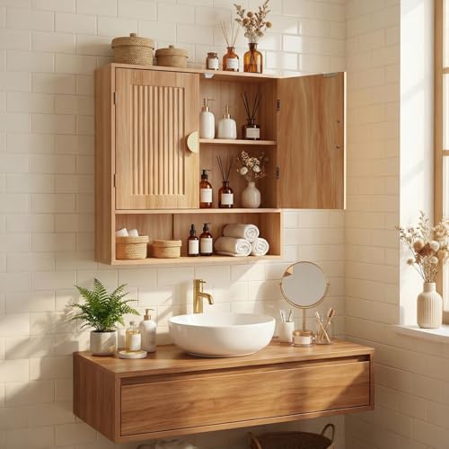 Mazatzal Bathroom Wall Cabinet, Wooden Medicine Cabinet with Adjustable Shelf & Grille Design Doors, Over the Toilet Storage Cabinet for Bathroom, Laundry, Kitchen, Living Room