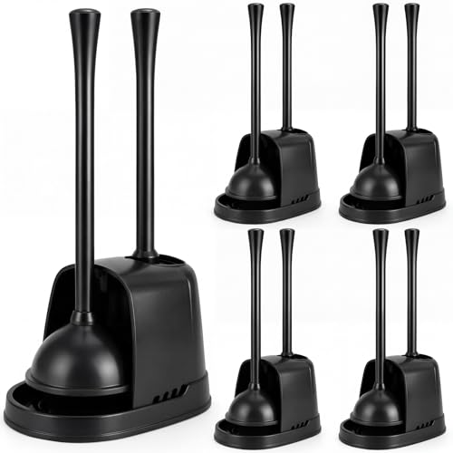 Reallnaive 4 Set Toilet Plunger and Brush Set with Ventilated Holder 2 in 1 Toilet Bowl Brush and Heavy Duty Plunger Combo Bathroom Cleaning Kit for Home and Commercial Bathrooms Drainage(Black) - color: Black