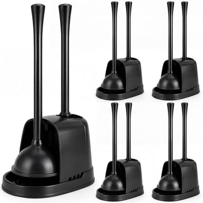 Reallnaive 4 Set Toilet Plunger and Brush Set with Ventilated Holder 2 in 1 Toilet Bowl Brush and Heavy Duty Plunger Combo Bathroom Cleaning Kit for Home and Commercial Bathrooms Drainage(Black) - color: Black