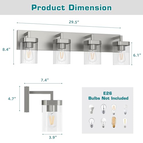4-Light Bathroom Light Fixtures, Brushed Nickel Vanity Lights for Bathroom, Kitchen, Living Room, Modern Bathroom Vanity Lights with Clear Glass Shades - color: Brushed Nickel, size: 4 Light