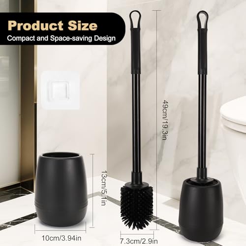Silicone Toilet Bowl Brush and Holder 2 Pack Long Handle Toilet Brush for Bathroom Flexible Silicone Toilet Brush Set for Domestic Deep Cleaning Under Rims （Black）