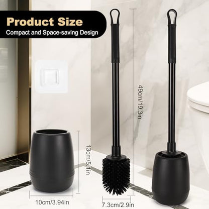 Silicone Toilet Bowl Brush and Holder 2 Pack Long Handle Toilet Brush for Bathroom Flexible Silicone Toilet Brush Set for Domestic Deep Cleaning Under Rims （Black）