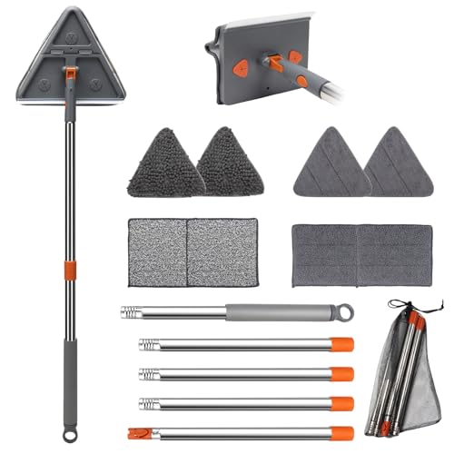 86" Baseboard Cleaner Tool with Handle,Wall Cleaner Tool with Long Handle, Ceiling Mop with Squeegee,Triangle Mop with 8 Replacement Pads for Baseboards Cleaning, Ceiling, Wall, Floor, Shower