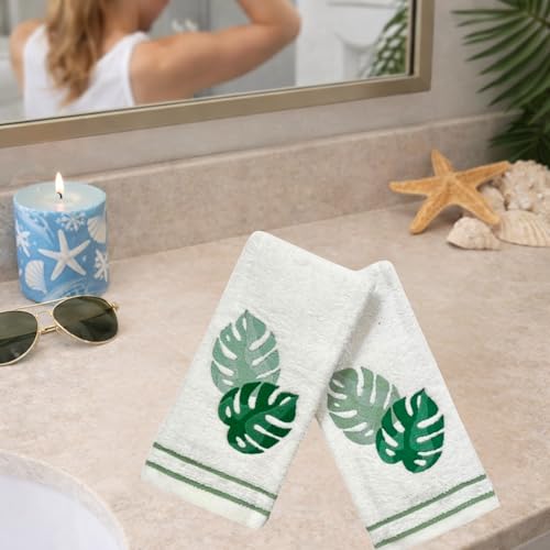 Serafina Home Coastal Tropical Palm Leaves Embroidered Bath Hand Fingertip Towels, Green on Ivory, 100% Cotton, Set of 2, 12 x 18 inches - color: Monstera