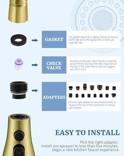 Kitchen Faucet Head Replacement, 15 Adapters, 3-Mode Pull Down Sprayer Head | 3 Functions Stream Spray Pause, Easy 5-Min Install, Pull Out Nozzle, Brushed Gold, Compatible with Moen Delta Hansgrohe - color: Brushed Gold
