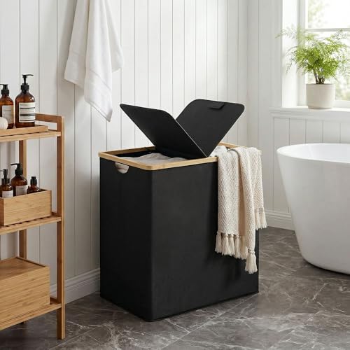 efluky Laundry Hamper with Lid, Double Laundry Basket with 2 Removable Bags, 2 Section Laundry Bin with Bamboo Handles for Bathroom, Bedroom & Laundry Room, 140L (36.9 Gallon) Black - color: Black, size: 140L Dual