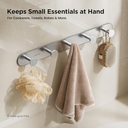 JOMOO Robe Hook, 2 Pack Adhesive Wall Hooks for Bathroom, Stainless Steel Towel Hooks with 5 Hooks Each, No Drill Shower Hooks Heavy Duty 11LBS, Brushed - color: Brushed