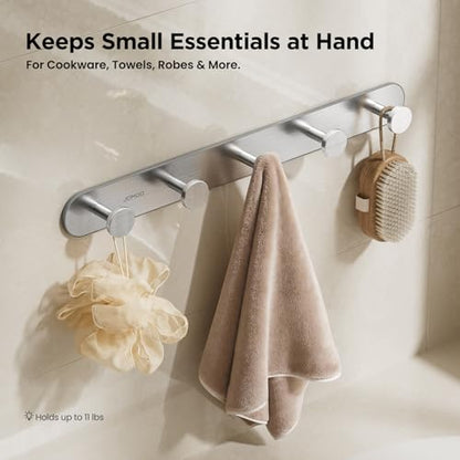 JOMOO Robe Hook, 2 Pack Adhesive Wall Hooks for Bathroom, Stainless Steel Towel Hooks with 5 Hooks Each, No Drill Shower Hooks Heavy Duty 11LBS, Brushed - color: Brushed