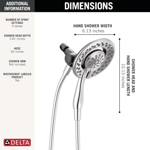 Delta 4-Setting In2ition 2-in-1 Dual Shower Head with HandHeld Spray, Chrome Detachable Shower Head with Hose, Showerhead, 1.75 GPM Flow Rate, Chrome 75486C - color: Chrome