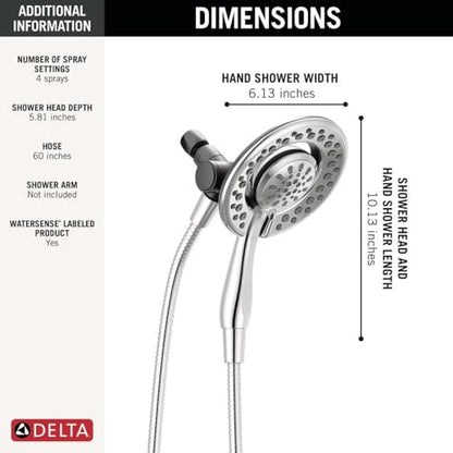 Delta 4-Setting In2ition 2-in-1 Dual Shower Head with HandHeld Spray, Chrome Detachable Shower Head with Hose, Showerhead, 1.75 GPM Flow Rate, Chrome 75486C - color: Chrome