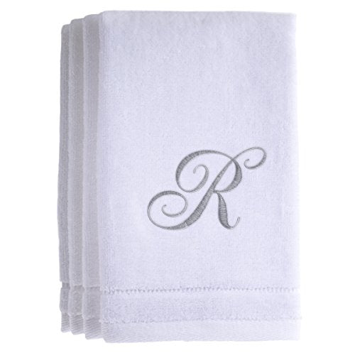 Monogrammed Towels Fingertip, Personalized Gift, 11 x 18 Inches - Set of 4- Silver Embroidered Towel - Extra Absorbent 100% Cotton- Soft Velour Finish - For Bathroom/ Kitchen/ Spa- Initial R (White) - color: R