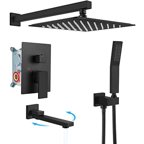gotonovo Tub Shower Faucet Set with Valve Kit 10’’ Head,Matte Black | Shower System with Tub Spout,SUS304 Rain Head with Handheld Sprayer,Swivel Spout,All Metal,Rough-In Valve Trim Kit,Wall Mount - color: Black, size: 10’’ Head