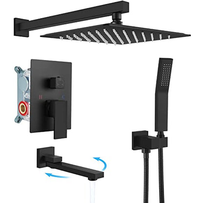 gotonovo Tub Shower Faucet Set with Valve Kit 10’’ Head,Matte Black | Shower System with Tub Spout,SUS304 Rain Head with Handheld Sprayer,Swivel Spout,All Metal,Rough-In Valve Trim Kit,Wall Mount - color: Black, size: 10’’ Head
