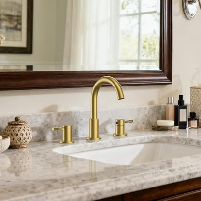 FORIOUS Bathroom Faucet 3 Hole, 360° Swivel 8 Inch Sink Faucet Brushed Gold | with Pop Up Drain, 2 Handles,for Sink Vanity RV Lavatory Farmhouse, 304 Stainless Steel, Lead-free, Leakproof - color: Brushed Gold