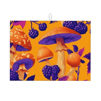 Lovely Mushroom Print Dish Drying Mat Absorbent Reversible Microfiber Kitchen Counter Protector Fast Drying Dish Pad Large“18 x 24" Dish Mat - color: Orange-Mushroom