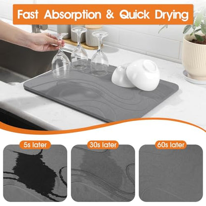 Snuggery Large Stone Drying Mat for Kitchen Counter, 24" x 16" (Dark Gray) | Natural diatomaceous earth, fast absorption, quick drying,non-slip base,one-piece design for drying dishes or under dish rack - size: 24" x 16"