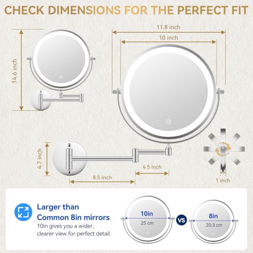 Auxmir 10″ 5000mAh 1X/30X Wall Mounted Lighted Magnifying Makeup Mirror | Double‑Sided Button, Rechargeable, 3 Dimmable Colors, 360° Rotation, Extended Arm, 30X Magnification, Bathroom, Chrome - color: 10'' 30x-chrome