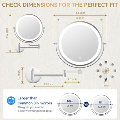Auxmir 10″ 5000mAh 1X/30X Wall Mounted Lighted Magnifying Makeup Mirror | Double‑Sided Button, Rechargeable, 3 Dimmable Colors, 360° Rotation, Extended Arm, 30X Magnification, Bathroom, Chrome - color: 10'' 30x-chrome