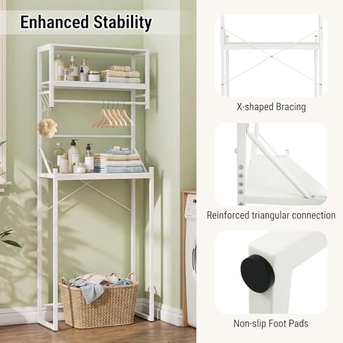 Tangkula 3-Tier Over The Toilet Storage, 64” Tall Bathroom Shelf Space Saver with Hanging Bar, 3 S-Shaped Hooks, Metal Legs, Freestanding Above Toilet Bathroom Organizer for Laundry Room, White
