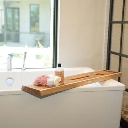 EcoDecors Eleganto 36" Live Edge Solid Teak Bath Caddy Tray with Handle, Book & Tablet Holder, Wine Glass Holders, Luxury Bathtub Tray - style: 36" Live Edge