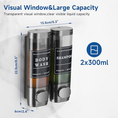 Shower Soap Dispenser Shampoo and Conditioner Dispenser 2 Chamber No Drill Wall-Mounted Shampoo Dispenser for Shower Wall Mounted Shower Dispenser for Bathroom Hotel Large Capacity,Dark Gray1 - color: Gun Gray 2 Chamber