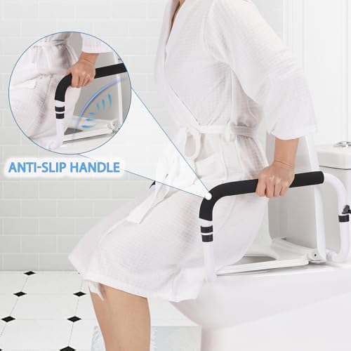Toilet Safety Rails for Seniors, 17-21 in Width, 350 lb Capacity | Fits standard and elongated toilets; non-slip foam grips and tool-free setup using existing seat bolts. - color: Black/White