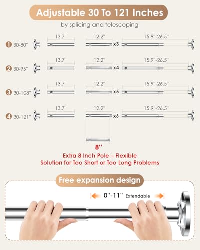 Sliver Extra Long Tension Shower Curtain Rod 30-121 Inch: 1.1" Diameter Stainless Steel, Rustproof Heavy Duty, No Drilling Adjustable Room Divider for Bathroom Window Patio Closet - color: Silver, size: 30-121''