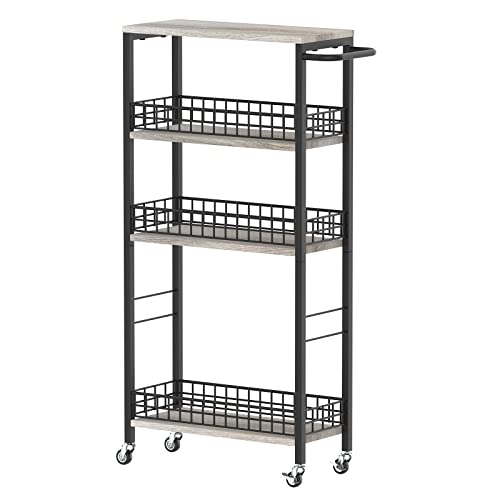 NOVIMANGO Slim Storage Cart Narrow Kitchen Cart 4 Tier, Grey | Slim Rolling Cart for Kitchen, Slim Bathroom Storage Cart with Wheels, with Wood Tabletop, for Narrow Spaces - color: Grey