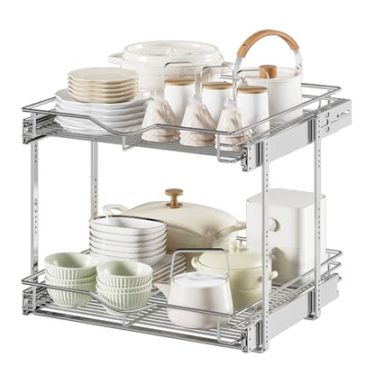 DINDON Pull Out Cabinet Organizer (22-1/2" W x 21-1/2"D), Cabinet Pull Out Shelves, 2 Tier Pull Out Drawers for Kitchen Cabinets, Wire Basket Slide Out Shelf, Pot and Pan Organizer - size: 22-1/2" W X 21-1/2" D