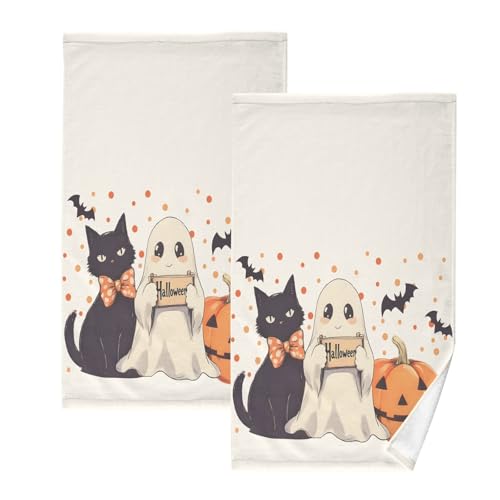 ALAZA Halloween Ghost Cat Pumpkin Hand Towels for Bathroom Set of 2 Fingertip Towels Face Towels,Cotton Soft Absorbent Bath Towels Halloween Hand Bath Towel 16x28in - color: Halloween Ghost Cat Pumpkin