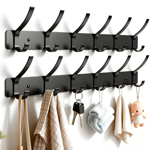 Wall Mounted Coat Rack, 6 Hooks for Hanging Clothes, Black, 2-Pack | Heavy duty rustproof hanger rail for backpacks hats towels, wall hook storage organizer for entryway bathroom mudroom purse