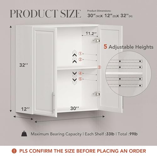 Laundry Room Cabinet 30’’x12’’x32’’, Kitchen Cabinet Wall Cabinets with Adjustable Shelves, Wall Cabinet Storage, Utility Cabinets for Laundry Room, White Wall Cabinet with Shaker Door, White - size: 30'' W