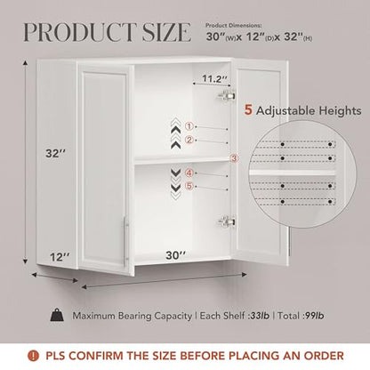 Laundry Room Cabinet 30’’x12’’x32’’, Kitchen Cabinet Wall Cabinets with Adjustable Shelves, Wall Cabinet Storage, Utility Cabinets for Laundry Room, White Wall Cabinet with Shaker Door, White - size: 30'' W