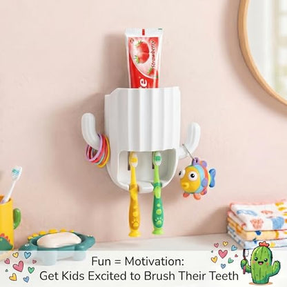 Kids Toothbrush Holder Wall Mount, Cute Cactus (White) | Bathroom Organizer, PP Cactus Holder, Toothbrush Toothpaste Hair Tie Accessories,Multi-Function Organizer - color: White