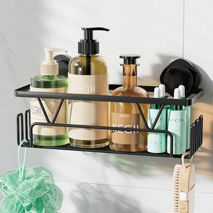 KEGII Suction Cup Shower Caddy with Hooks, No Drill Bathroom Organizer | Large Capacity Stainless Steel Shelf, Heavy Duty Hold for Shampoo and Body Wash on Smooth Surfaces, Black - color: Black