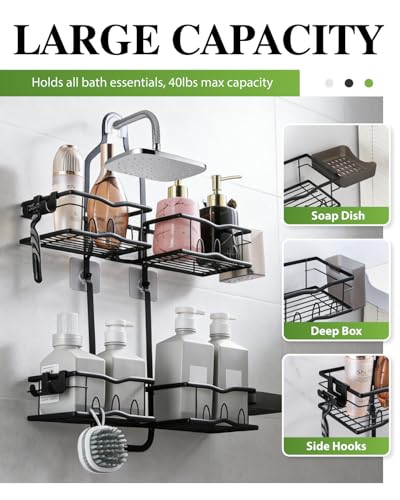 Shower Caddy Hanging – Rustproof Shower Organizer Hanging for Inside Shower – Over the Showerhead Rack with Soap Holder & Razor Hooks, No Drilling Bathroom Shower Shelves and Storage, Black