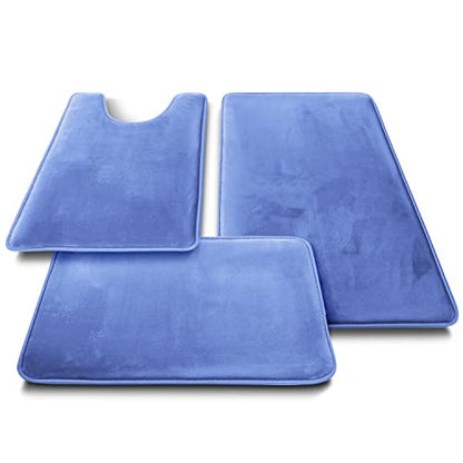Clara Clark 3 Piece Bathroom Rugs Bath Mat Set, Velvet Memory Foam Bath Mats for Bathroom - Non-Slip, PVC Backing Bath Rugs, Washable - Dries Quickly, Blue - color: Calm Blue