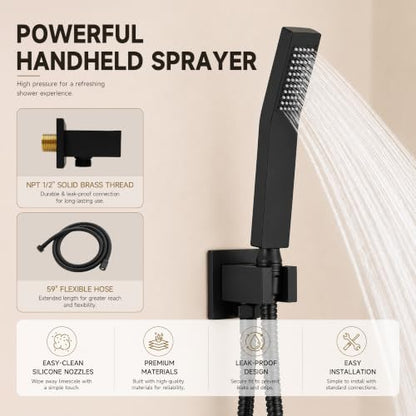 Shower System with Tub Spout, All Metal Black Bathtub Shower Faucet Set with High Pressure 10 Inch Rain Shower Head and Handheld Shower Head Set, Matte Black (Valve Include） - color: Matte Black