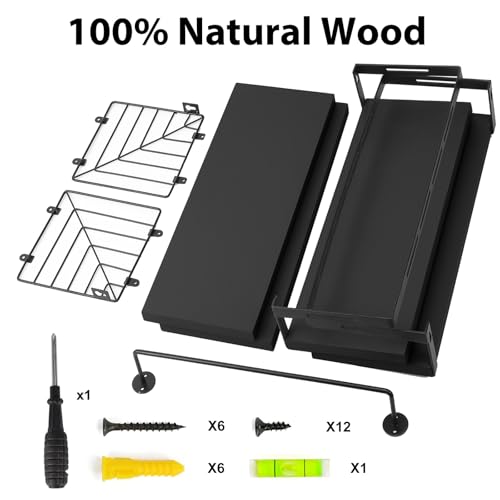 Fixwal Wall Mounted Bathroom Shelves Over Toilet (3+1 Black) | Wall Shelf with Basket Storage , Towel Bar, Solid Wood, 22Lb Capacity, Easy DIY Install - color: 5-black