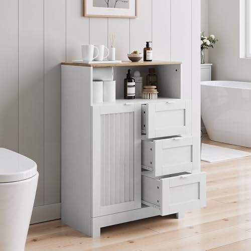 Smart FENDEE Bathroom Storage Cabinet with 3 Drawers, Floor Cabinet with Louvered Door, Freestanding Storage Unit for Bathroom, Kitchen, Living Room, White - size: 33.86" Small Floor Cabinet