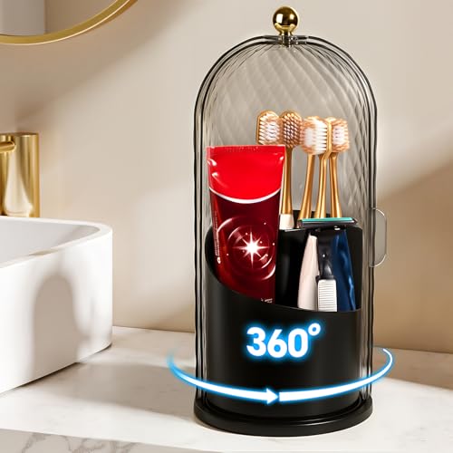 3 Slots Rotating Toothbrush Holders with Lid for Bathroom | Coverd Tooth Brush Holders for Countertop, Concealed Makeup Brush Holder, Toothpaste Holder-Black - color: Black