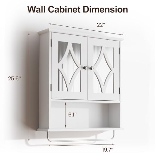 RoyalCraft Bathroom Wall Cabinet with Mirror, Over the Toilet Storage Cabinet with Towel Rack and Adjustable Shelf, Large Bathroom Medicine Cabinet Wall Mount 22x25 inch (White) - color: White