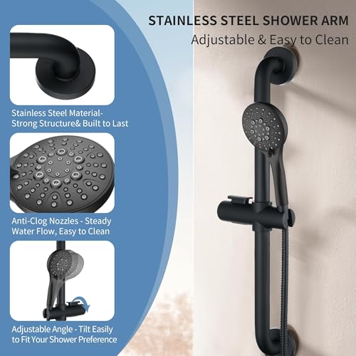 BRIGHT SHOWERS Stainless Steel Slide Bar Grab Rail Set Ada Compliant, 5-Spray Handshower with Slide Bar Kit – Includes Handheld Shower Head and 69-Inch Hose, Matte Black - color: Matte Black