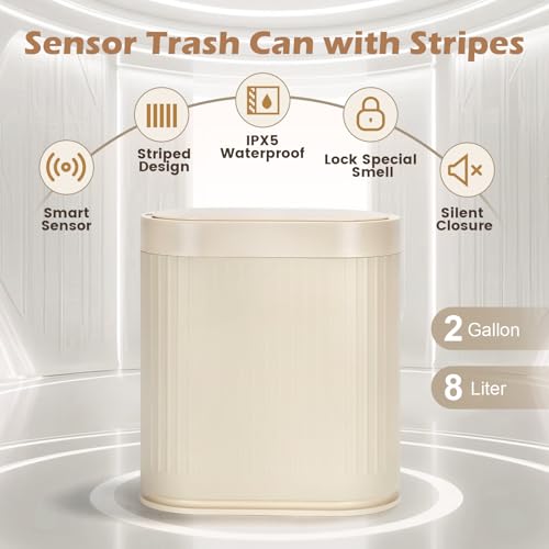 SYNCVIBE Bathroom Trash Can with Lid, 2 Gallon, Automatic Lid, Beige | Motion Sensor Garbage Can, 7.5 Liter Smart Trash Bin, IPX5 Waterproof Narrow Plastic Wastebasket for Bedroom and Office - color: Beige