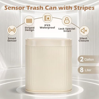 SYNCVIBE Bathroom Trash Can with Lid, 2 Gallon, Automatic Lid, Beige | Motion Sensor Garbage Can, 7.5 Liter Smart Trash Bin, IPX5 Waterproof Narrow Plastic Wastebasket for Bedroom and Office - color: Beige