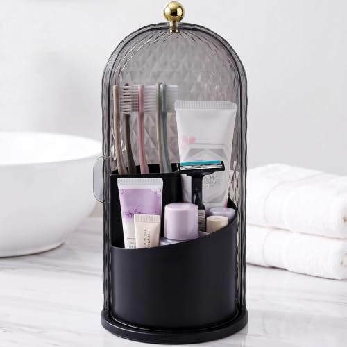 QIYVLOS Toothbrush Holders with Sliding Lid, Rotating 3 Slots Bathroom Organizer Countertop, Tooth Brush Toothpaste Holder Bathroom Counter Stand Caddy for Vanity Makeup Brushes Holder (Black) - color: Black